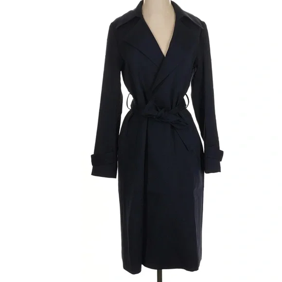Quince Stretch Crepe Classic Timeless Belted Trench Coat Navy Small - Picture 6 of 10